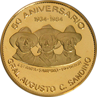 Anverso de la moneda 50 Aniversario General Agusto C. Sandino (Estrada-Sandino-Umanzor)