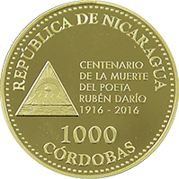 Reverso de la moneda Centenario de la Muerte del Poeta Rubén Darío