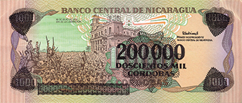 Reverso del billete <span>Billete Desmonetizado de 200,000 Córdobas</span>
