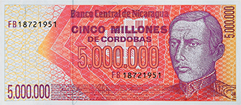 Anverso del billete <span>Billete Desmonetizado de 5,000,000 Córdobas</span>
