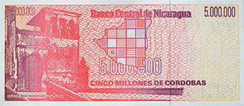 Reverso del billete <span>Billete Desmonetizado de 5,000,000 Córdobas</span>
