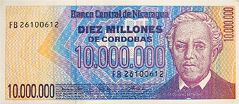 Anverso del billete <span>Billete Desmonetizado de 10,000,000 Córdobas</span>
