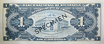Reverso del billete <span>Billete Espécimen Desmonetizado de 1 Córdoba</span>
