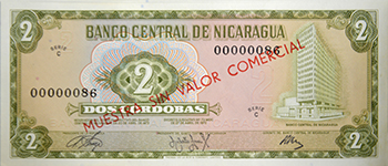 Anverso del billete <span>Billete Espécimen Desmonetizado de 2 Córdobas</span>
