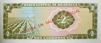 Reverso del billete <span>Billete Espécimen Desmonetizado de 2 Córdobas</span>
