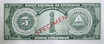 Reverso del billete <span>Billete Espécimen Desmonetizado de 5 Córdobas</span>
