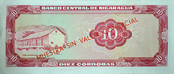 Reverso del billete <span>Billete Espécimen Desmonetizado de 10 Córdobas</span>

