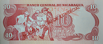 Reverso del billete <span>Billete Espécimen Desmonetizado de 10 Córdobas</span>
