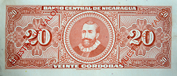 Reverso del billete <span>Billete Espécimen Desmonetizado de 20 Córdobas</span>

