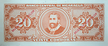 Reverso del billete <span>Billete Espécimen Desmonetizado de 20 Córdobas</span>
