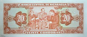 Reverso del billete <span>Billete Espécimen Desmonetizado de 20 Córdobas</span>
