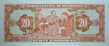 Reverso del billete <span>Billete Espécimen Desmonetizado de 20 Córdobas</span>
