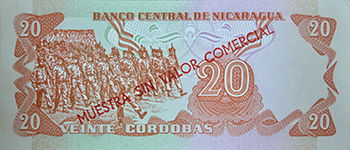 Reverso del billete <span>Billete Espécimen Desmonetizado de 20 Córdobas</span>
