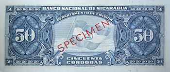 Reverso del billete <span>Billete Espécimen Desmonetizado de 50 Córdobas</span>
