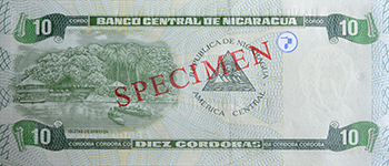 Reverso del billete <span>Billete Espécimen Circulación de 10 córdobas</span>
