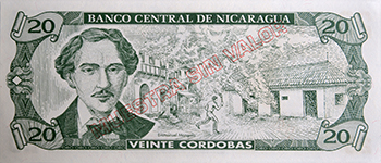 Reverso del billete <span>Billete Espécimen Circulación de 20 Córdobas</span>
