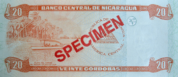 Reverso del billete <span>Billete Espécimen Circulación de 20 Córdobas</span>

