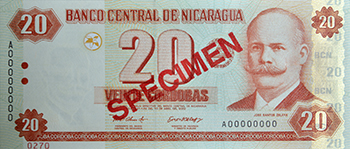 Anverso del billete <span>Billete Espécimen Circulación de 20 Córdobas</span>

