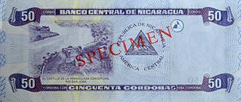 Reverso del billete <span>Billete Espécimen Circulación de 50 Córdobas</span>
