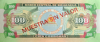 Reverso del billete <span>Billete Espécimen Circulación de 100 Córdobas</span>

