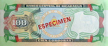 Reverso del billete <span>Billete Espécimen Circulación de 100 Córdobas</span>

