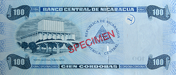 Reverso del billete <span>Billete Espécimen Circulación de 100 Córdobas</span>

