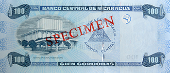 Reverso del billete <span>Billete Espécimen Circulación de 100 Córdobas</span>
