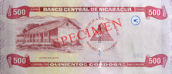 Reverso del billete <span>Billete Espécimen Circulación de 500 Córdobas</span>
