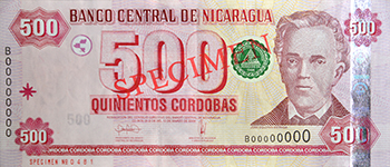 Anverso del billete <span>Billete Espécimen Circulación de 500 Córdobas</span>
