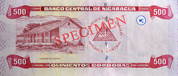 Reverso del billete <span>Billete Espécimen Circulación de 500 Córdobas</span>
