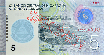 Anverso del billete <span>Billete Espécimen Circulación de 5 Córdobas – Conmemorativo Año 2019</span>
