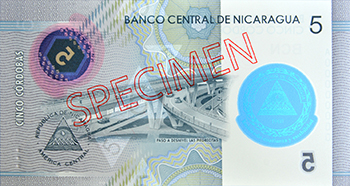 Reverso del billete <span>Billete Espécimen Circulación de 5 Córdobas – Conmemorativo Año 2019</span>
