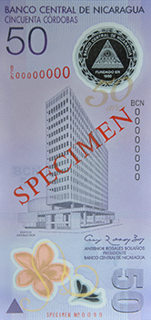Anverso del billete <span>Billete Espécimen Circulación de 50 Córdobas - Conmemorativo</span>
