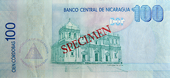 Reverso del billete <span>Billete Espécimen Circulación de 100 Córdobas</span>
