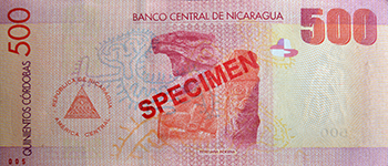 Reverso del billete <span>Billete Espécimen Circulación de 500 Córdobas</span>
