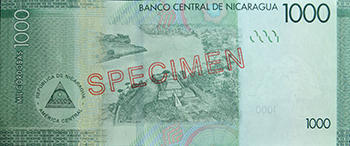 Reverso del billete <span>Billete Espécimen Circulación de 1,000 Córdobas</span>
