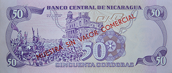 Reverso del billete <span>Billete Espécimen Desmonetizado de 50 Córdobas</span>
