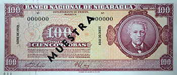 Anverso del billete <span> Billete Espécimen Desmonetizado de 100 Córdobas</span>
