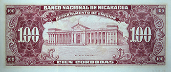 Reverso del billete <span>Billete Espécimen Desmonetizado de 100 Córdobas</span>
