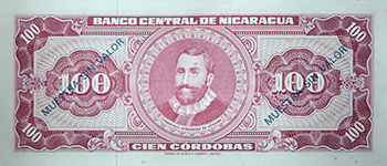Reverso del billete <span>Billete Espécimen Desmonetizado de 100 Córdobas</span>
