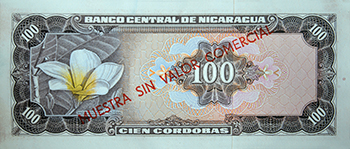 Reverso del billete <span>Billete Espécimen Desmonetizado de 100 Córdobas</span>
