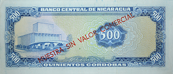 Reverso del billete <span>Billete Espécimen Desmonetizado de 500 Córdobas</span>
