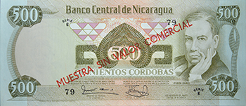 Anverso del billete <span>Billete Espécimen Desmonetizado de 500 Córdobas</span>
