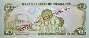 Reverso del billete <span>Billete Espécimen Desmonetizado de 500 Córdobas</span>
