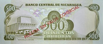 Reverso del billete <span>Billete Espécimen Desmonetizado de 500 Córdobas</span>
