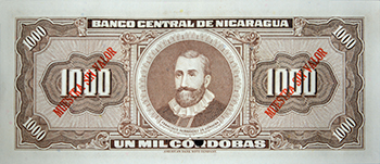Reverso del billete <span>Billete Espécimen Desmonetizado de 1,000 Córdobas</span>
