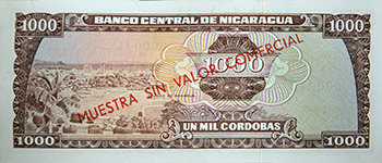 Reverso del billete <span>Billete Espécimen Desmonetizado de 1,000 Córdobas</span>
