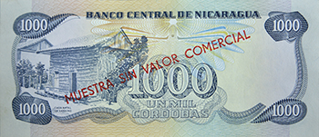 Reverso del billete <span>Billete Espécimen Desmonetizado de 1,000 Córdobas</span>
