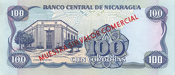 Reverso del billete <span>Billete Espécimen Desmonetizado de 100 Córdobas</span>
