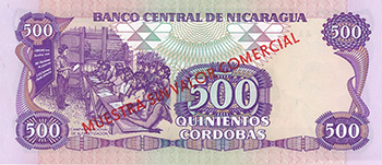 Reverso del billete <span>Billete Espécimen Desmonetizado de 500 Córdobas</span>
